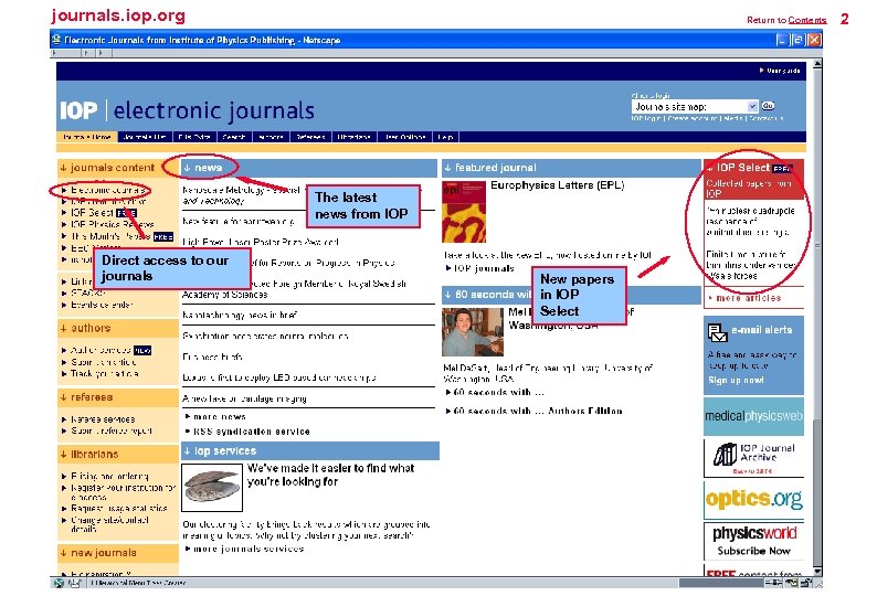 journals. iop. org Return to Contents The latest news from IOP Direct access to