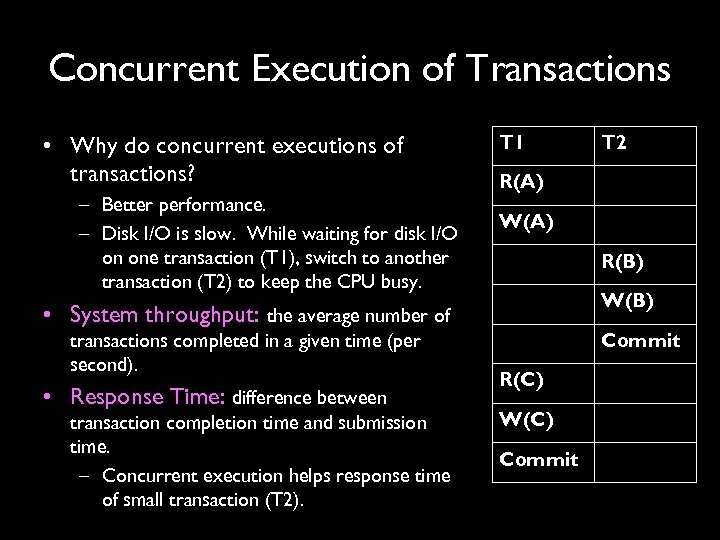 Concurrent Execution of Transactions • Why do concurrent executions of transactions? – Better performance.