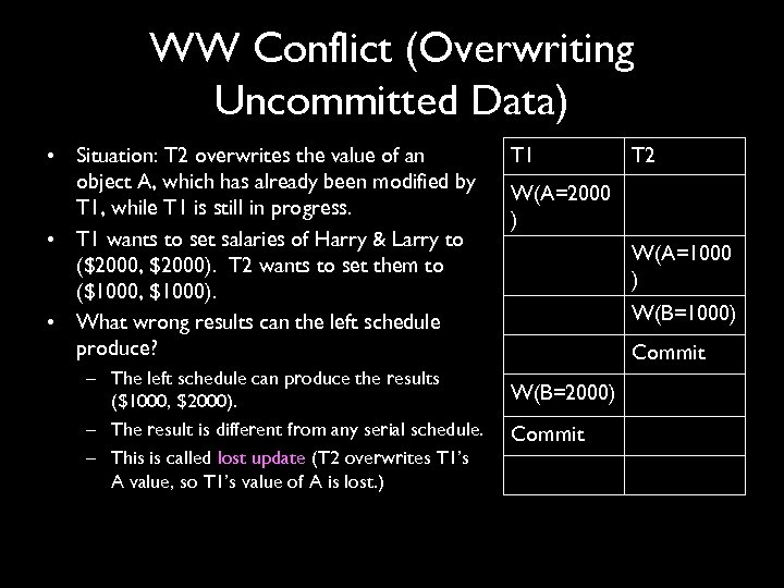 WW Conflict (Overwriting Uncommitted Data) • Situation: T 2 overwrites the value of an