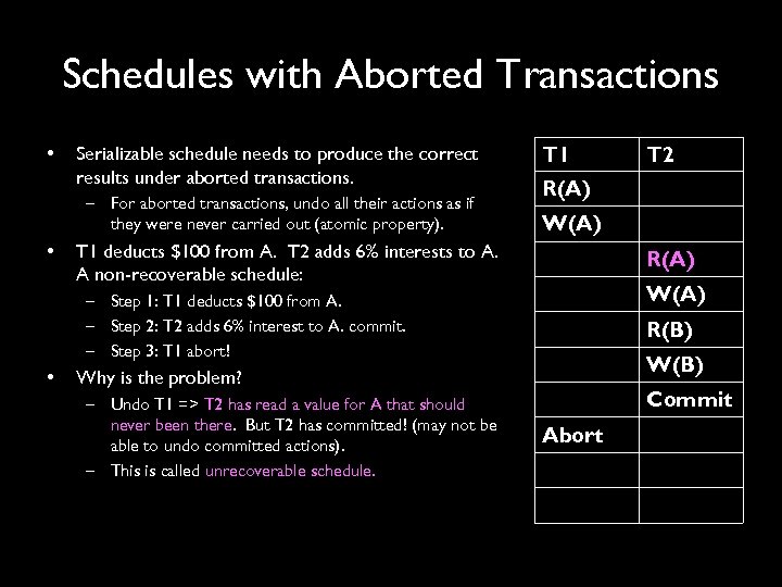 Schedules with Aborted Transactions • Serializable schedule needs to produce the correct results under