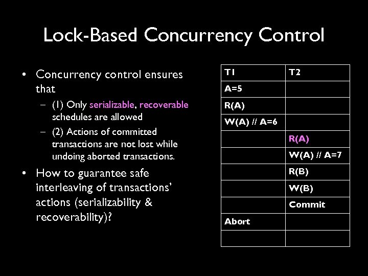 Lock-Based Concurrency Control • Concurrency control ensures that – (1) Only serializable, recoverable schedules
