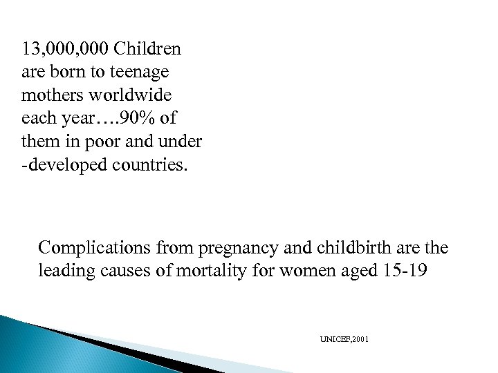 13, 000 Children are born to teenage mothers worldwide each year…. 90% of them