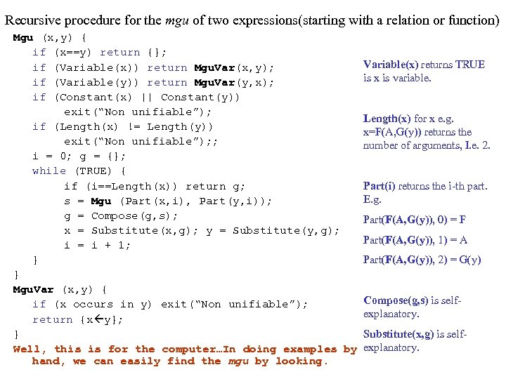 Recursive procedure for the mgu of two expressions(starting with a relation or function) Mgu