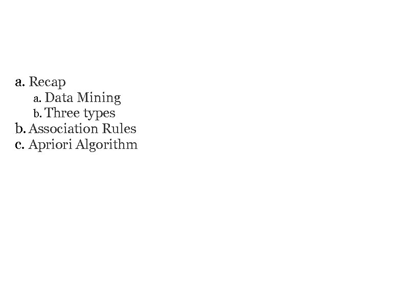 INTRODUCTION a. Recap a. Data Mining b. Three types b. Association Rules c. Apriori