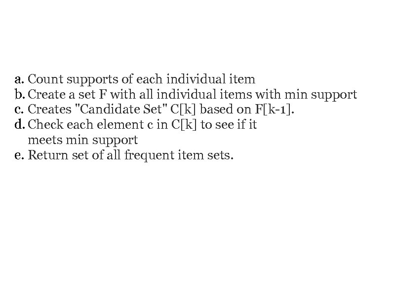 GENERATE FREQUENT ITEM SETS a. Count supports of each individual item b. Create a