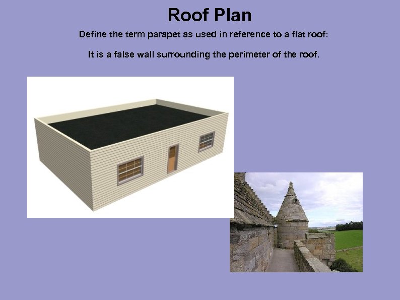 Roof Plan Define the term parapet as used in reference to a flat roof: