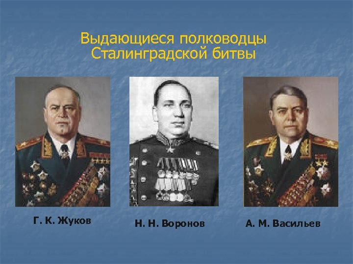 Выдающиеся полководцы Сталинградской битвы Г. К. Жуков Н. Н. Воронов А. М. Васильев 