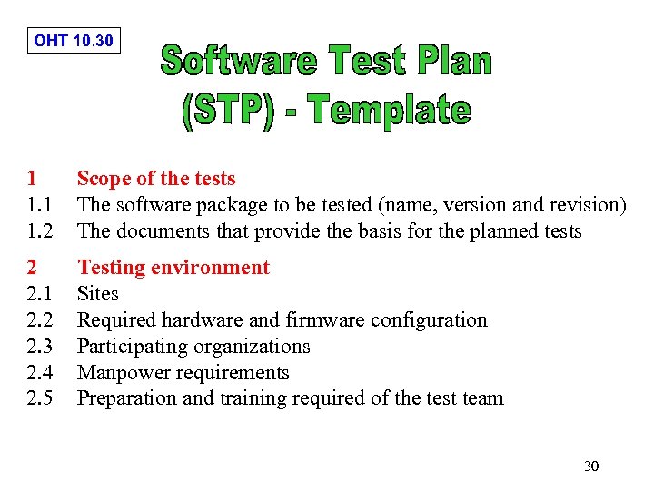 OHT 10. 30 1 1. 2 Scope of the tests The software package to