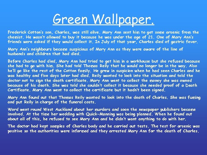 Green Wallpaper. Frederick Cotton’s son, Charles, was still alive. Mary Ann sent him to