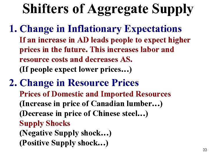 Shifters of Aggregate Supply 1. Change in Inflationary Expectations If an increase in AD