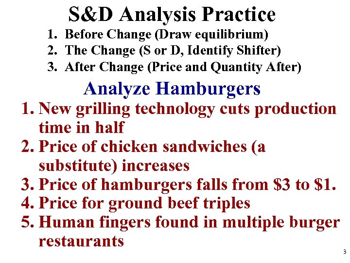 S&D Analysis Practice 1. Before Change (Draw equilibrium) 2. The Change (S or D,