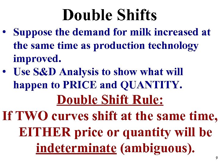 Double Shifts • Suppose the demand for milk increased at the same time as