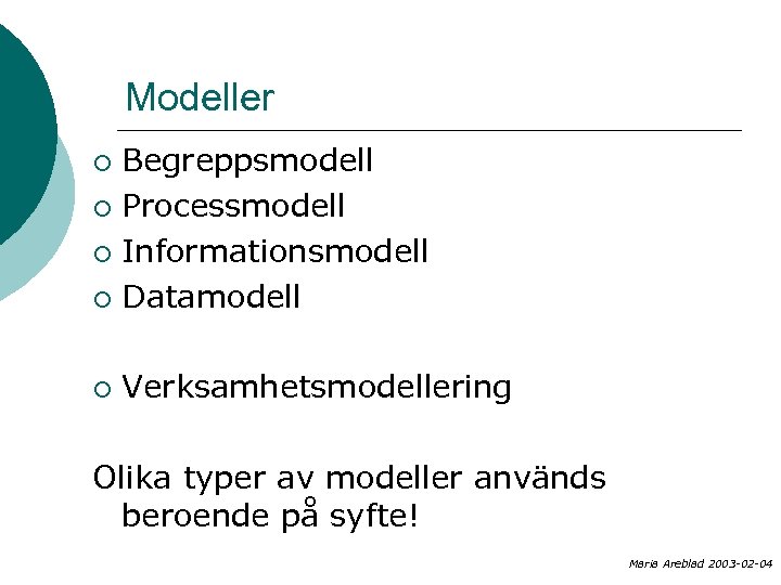 Modeller Begreppsmodell ¡ Processmodell ¡ Informationsmodell ¡ Datamodell ¡ ¡ Verksamhetsmodellering Olika typer av