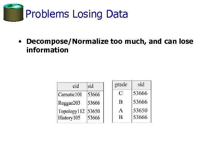 Problems Losing Data • Decompose/Normalize too much, and can lose information 