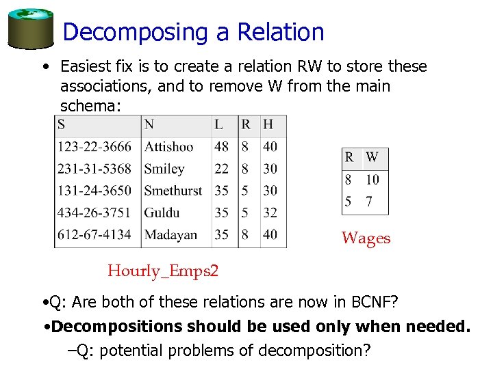 Decomposing a Relation • Easiest fix is to create a relation RW to store