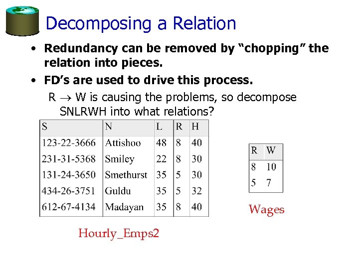 Decomposing a Relation • Redundancy can be removed by “chopping” the relation into pieces.