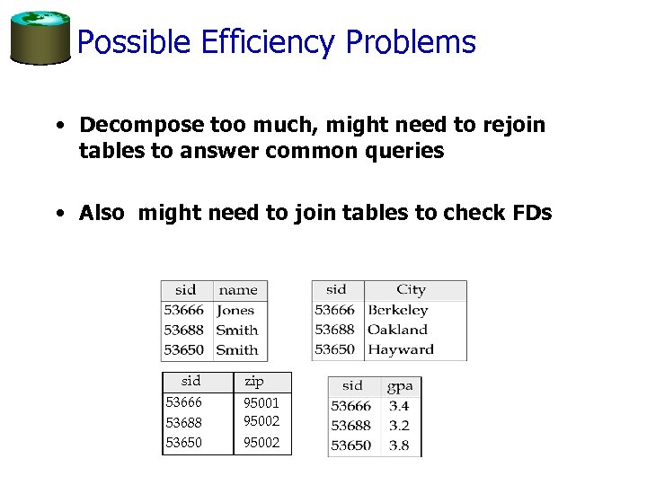 Possible Efficiency Problems • Decompose too much, might need to rejoin tables to answer