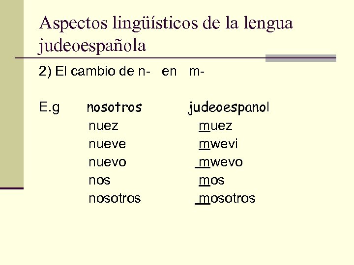 Aspectos lingüísticos de la lengua judeoespañola 2) El cambio de n- en m. E.