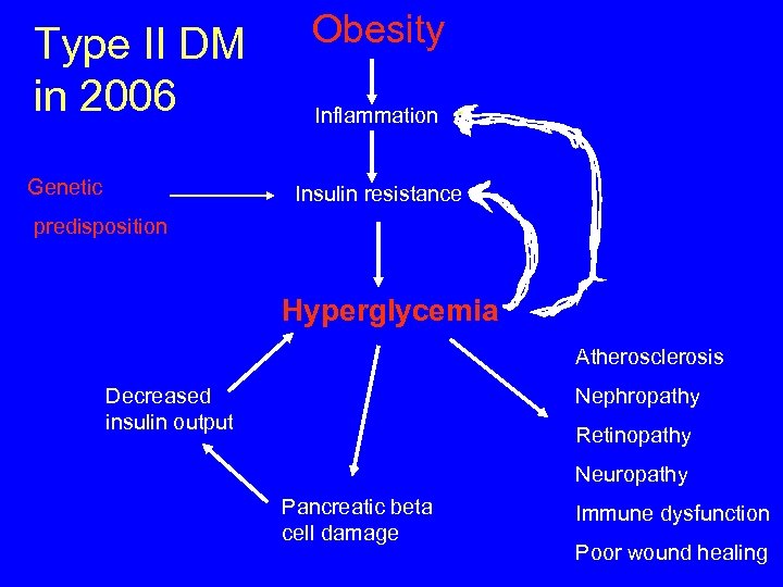 Type II DM in 2006 Genetic Obesity Inflammation Insulin resistance predisposition Hyperglycemia Atherosclerosis Decreased