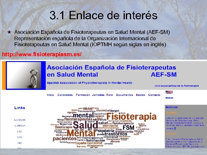 3. 1 Enlace de interés Asociación Española de Fisioterapeutas en Salud Mental (AEF-SM) Representación