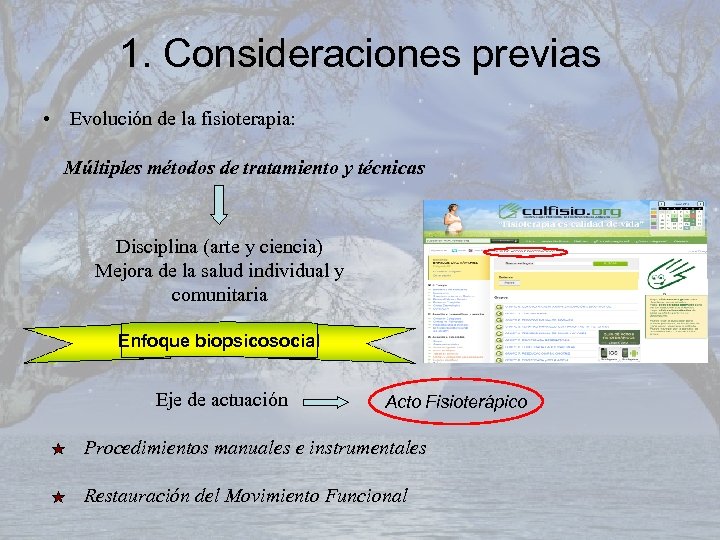 1. Consideraciones previas • Evolución de la fisioterapia: Múltiples métodos de tratamiento y técnicas