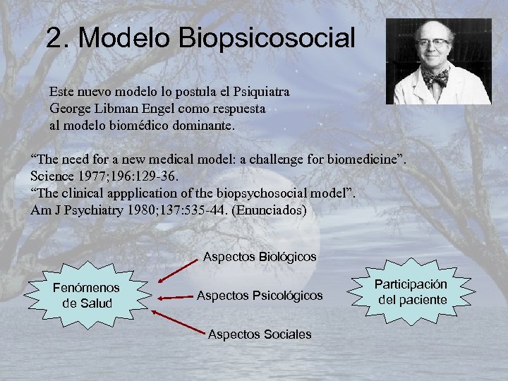 2. Modelo Biopsicosocial Este nuevo modelo lo postula el Psiquiatra George Libman Engel