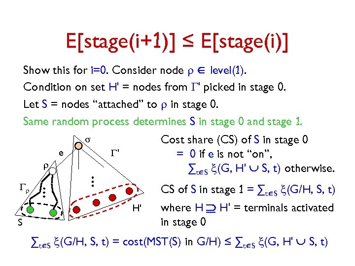 E[stage(i+1)] ≤ E[stage(i)] Show this for i=0. Consider node r Î level(1). Condition on