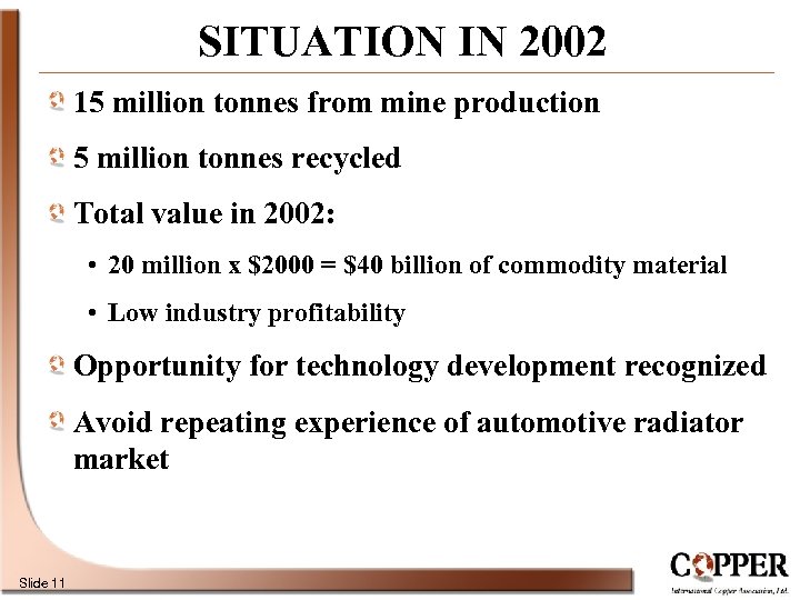 SITUATION IN 2002 15 million tonnes from mine production 5 million tonnes recycled Total