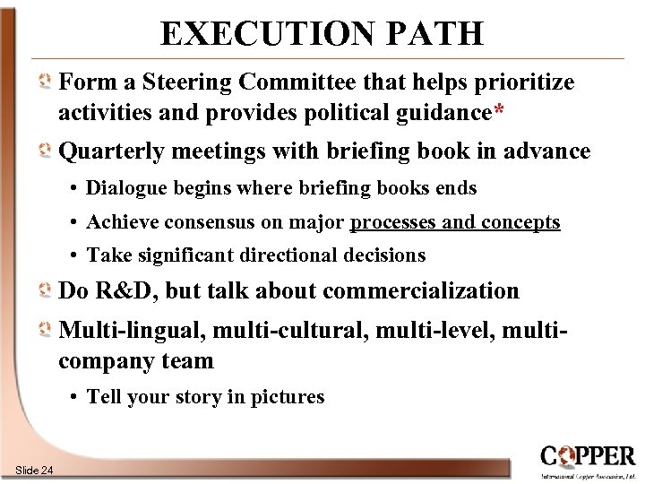 EXECUTION PATH Form a Steering Committee that helps prioritize activities and provides political guidance*