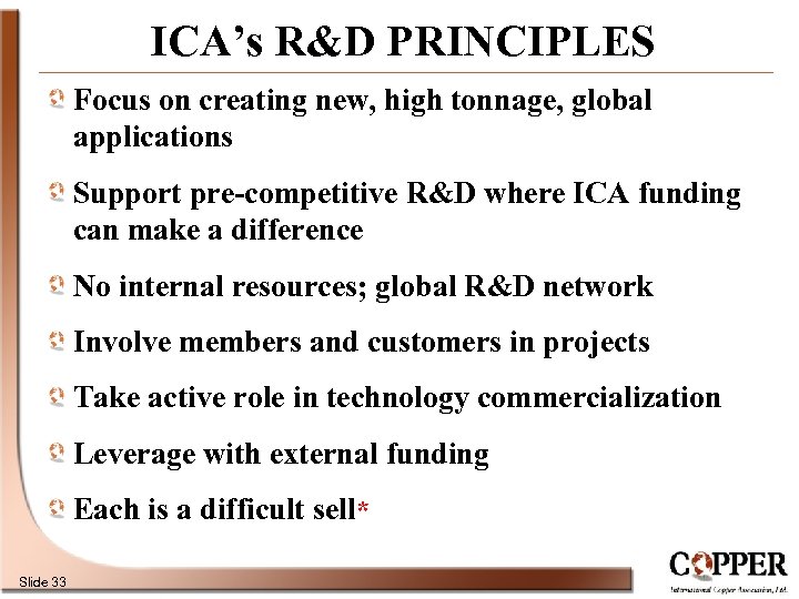 ICA’s R&D PRINCIPLES Focus on creating new, high tonnage, global applications Support pre-competitive R&D