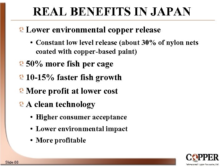 REAL BENEFITS IN JAPAN Lower environmental copper release • Constant low level release (about