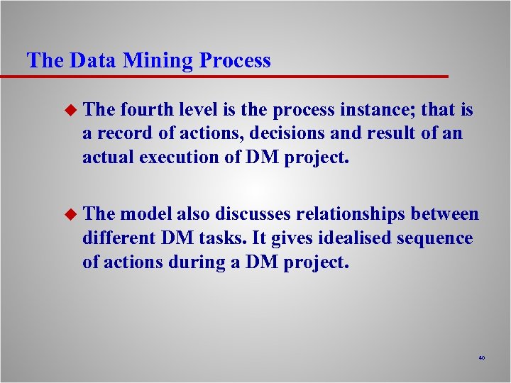 The Data Mining Process u The fourth level is the process instance; that is