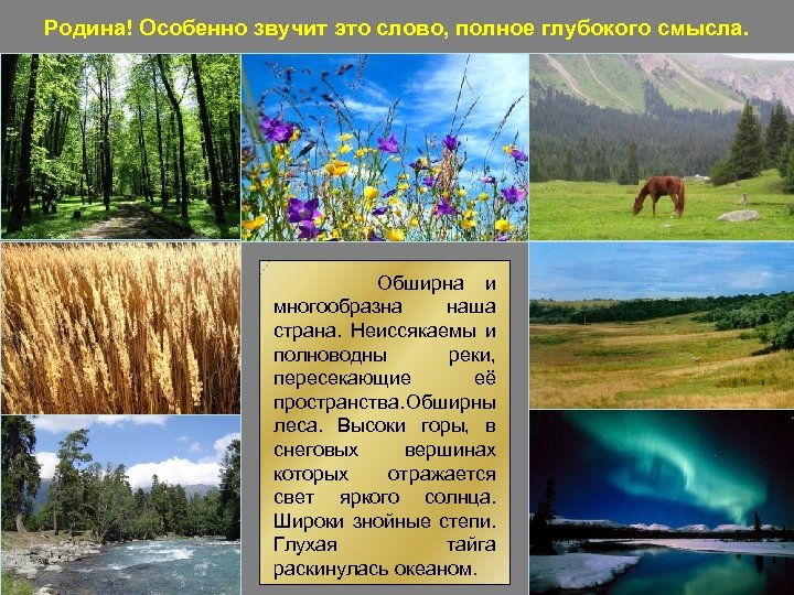 Родина! Особенно звучит это слово, полное глубокого смысла. Обширна и многообразна наша страна. Неиссякаемы