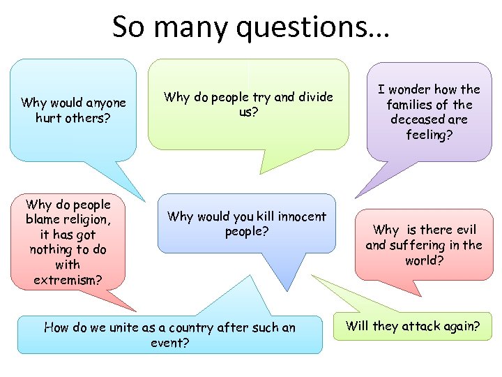 So many questions… Why would anyone hurt others? Why do people blame religion, it