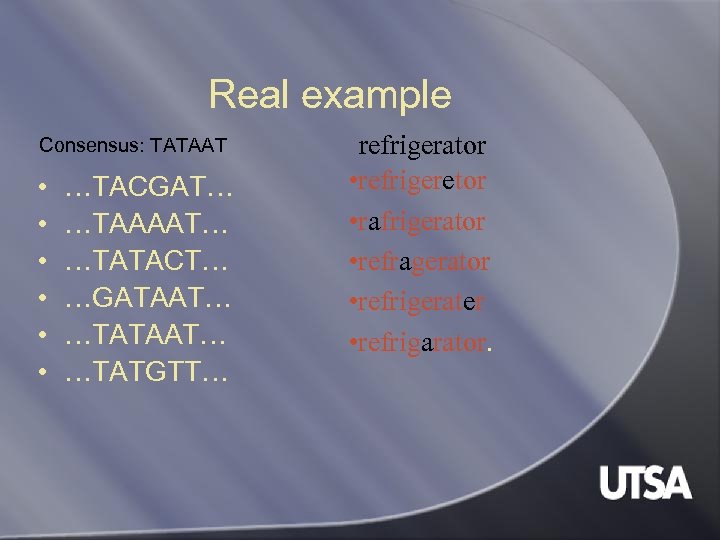 Real example Consensus: TATAAT • • • …TACGAT… …TAAAAT… …TATACT… …GATAAT… …TATGTT… refrigerator •