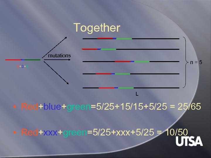 Together mutations n=5 5+3+5 L • Red+blue+green=5/25+15/15+5/25 = 25/65 • Red+xxx+green=5/25+xxx+5/25 = 10/50 