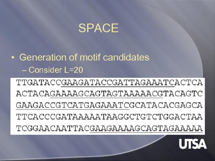 SPACE • Generation of motif candidates – Consider L=20 