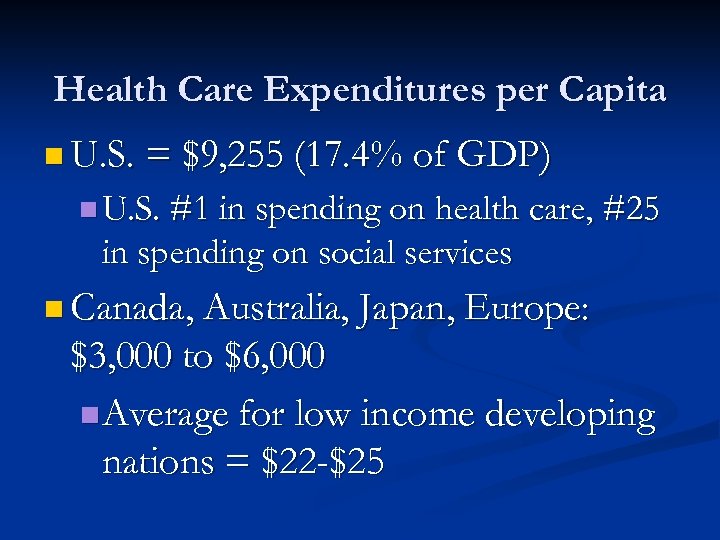 Health Care Expenditures per Capita n U. S. = $9, 255 (17. 4% of