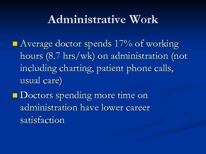 Administrative Work n Average doctor spends 17% of working hours (8. 7 hrs/wk) on