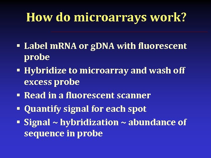 How do microarrays work? § Label m. RNA or g. DNA with fluorescent probe