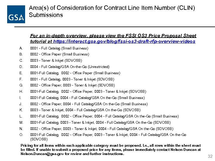 Area(s) of Consideration for Contract Line Item Number (CLIN) Submissions For an in-depth overview,