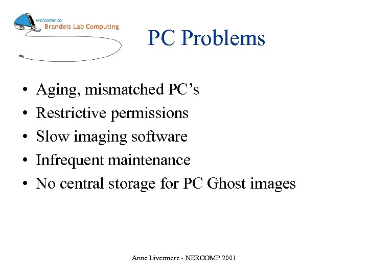 PC Problems • • • Aging, mismatched PC’s Restrictive permissions Slow imaging software Infrequent