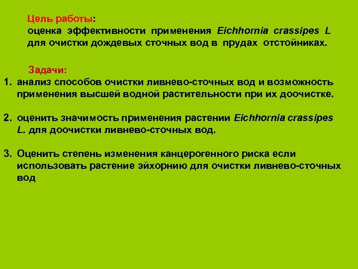 Цель работы: оценка эффективности применения Eichhornia crassipes L для очистки дождевых сточных вод в