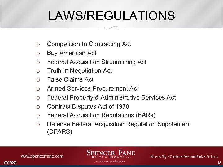 LAWS/REGULATIONS ¡ ¡ ¡ ¡ ¡ 6/27/2007 Competition In Contracting Act Buy American Act