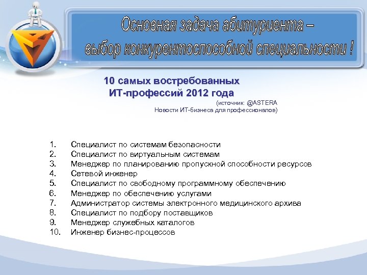 10 самых востребованных ИТ-профессий 2012 года (источник: @ASTERA Новости ИТ-бизнеса для профессионалов) 1. 2.