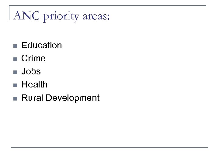ANC priority areas: n n n Education Crime Jobs Health Rural Development 