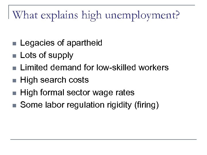 What explains high unemployment? n n n Legacies of apartheid Lots of supply Limited