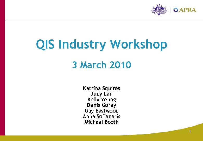 QIS Industry Workshop 3 March 2010 Katrina Squires Judy Lau Kelly Yeung Denis Gorey