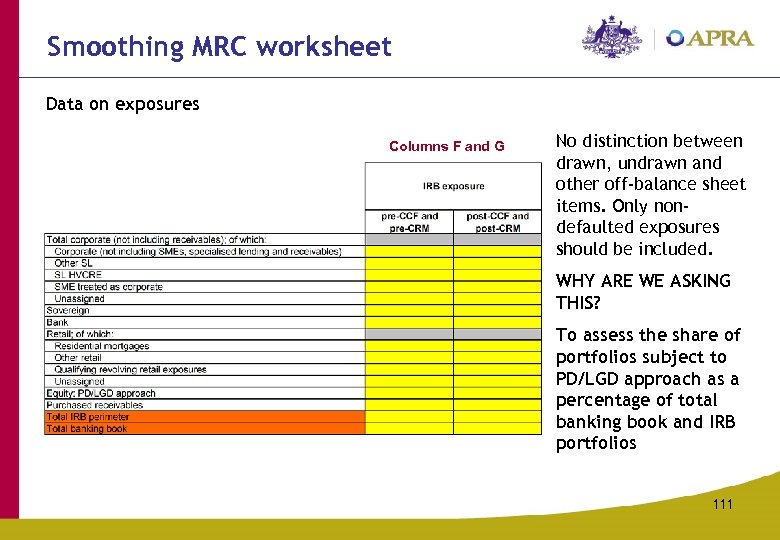 Smoothing MRC worksheet Data on exposures Columns F and G No distinction between drawn,