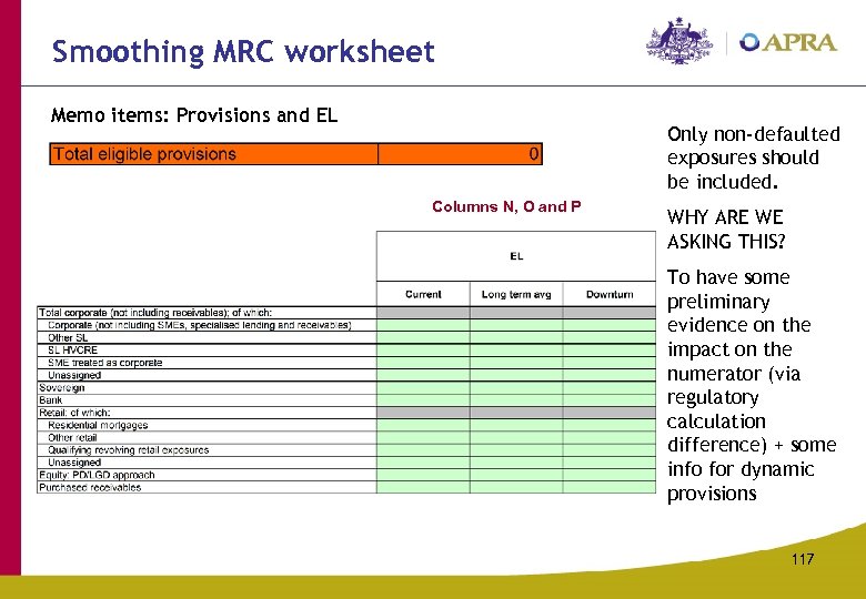 Smoothing MRC worksheet Memo items: Provisions and EL Only non-defaulted exposures should be included.